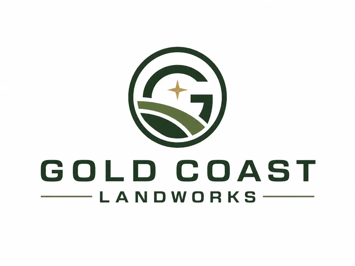Logo for Gold Coast Landworks, an excavation contractor in Suffolk County, NY, featuring a stylized "G" with a gold star, green fields, and circular lines above "GOLD COAST LANDWORKS" in bold uppercase letters.