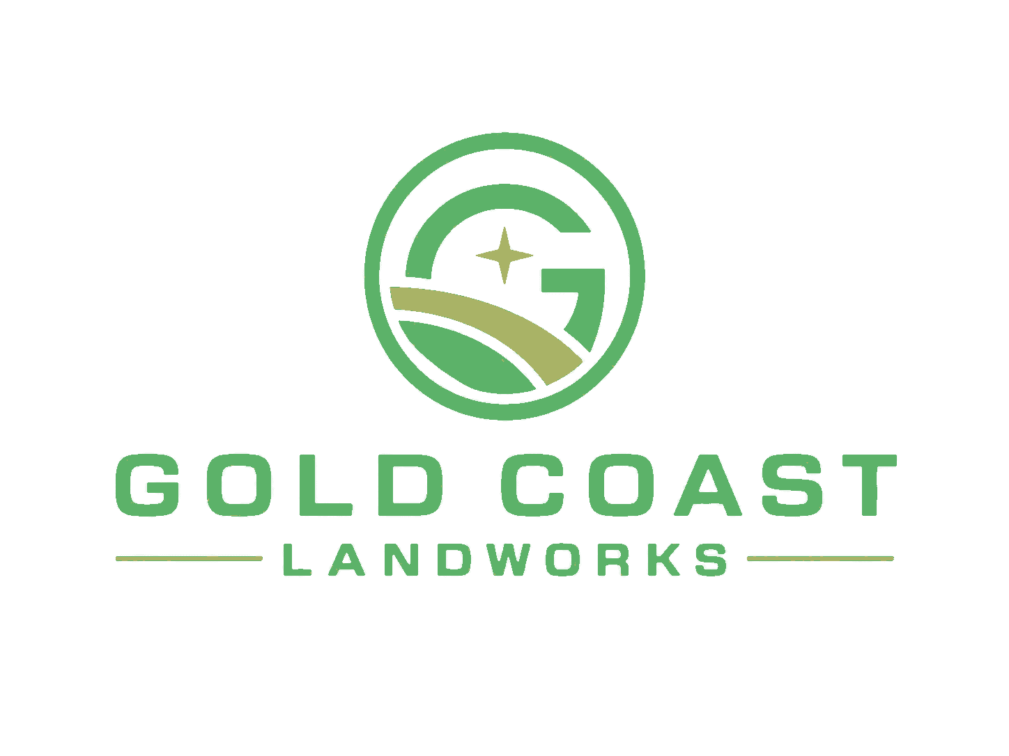 Logo for Gold Coast Landworks, an Excavation Contractor Suffolk County, featuring a stylized green "G" with a landscape and star inside a circle, and the text "GOLD COAST LANDWORKS" in green capital letters below.