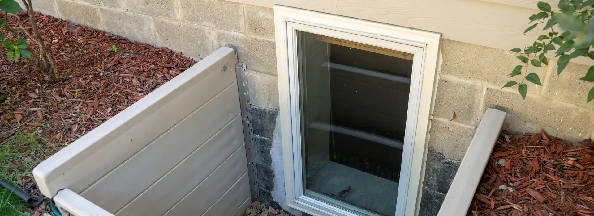 A basement window with a white frame is set into a concrete foundation, surrounded by a light-colored window well. The area, lined with mulch and bordered by landscaping, showcases the quality work of an Excavation Contractor Suffolk County in NY.