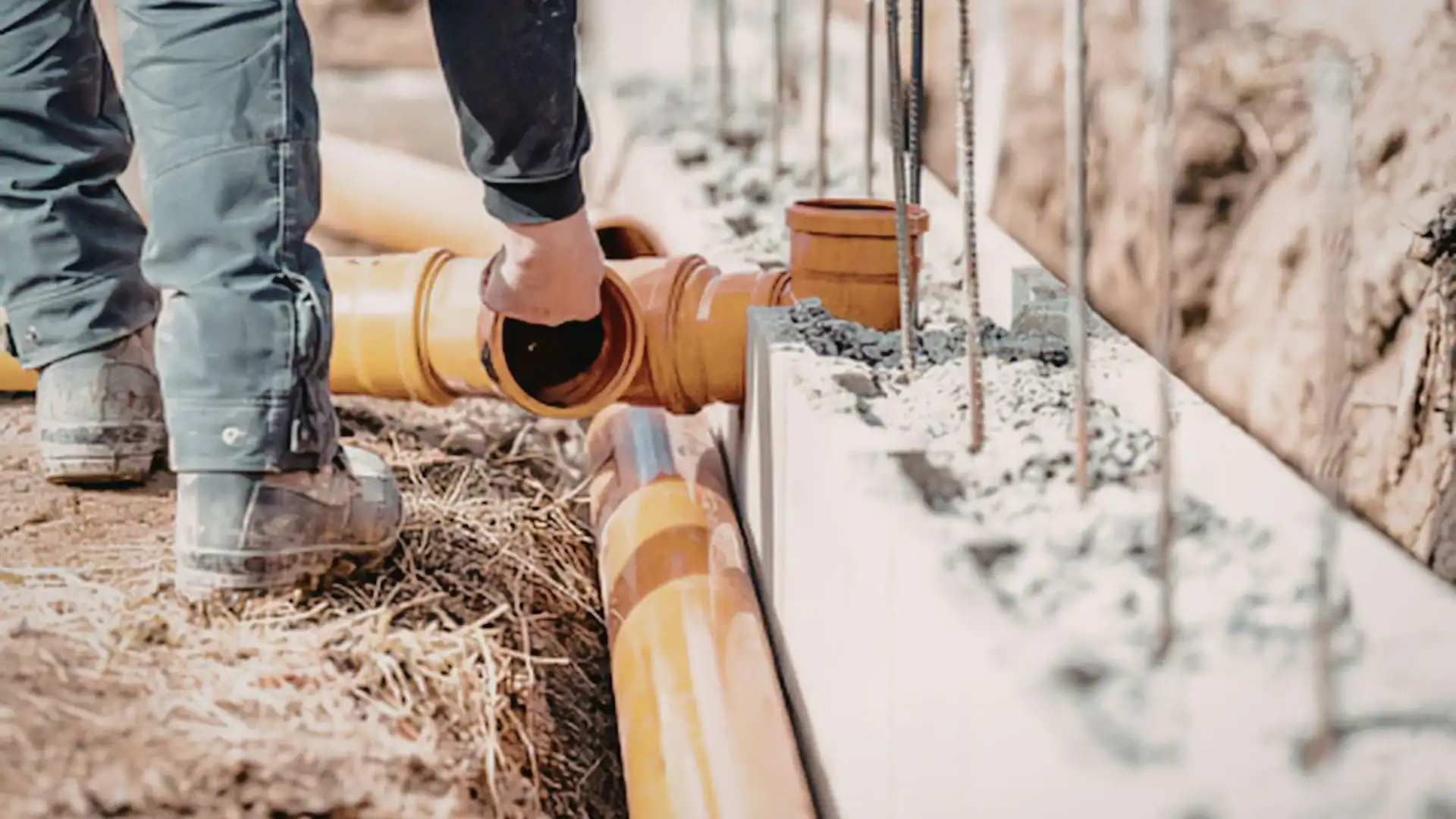 An Excavation Contractor Suffolk County worker installs orange PVC pipes next to a concrete foundation in NY, with steel rebar protruding and straw scattered across the ground.