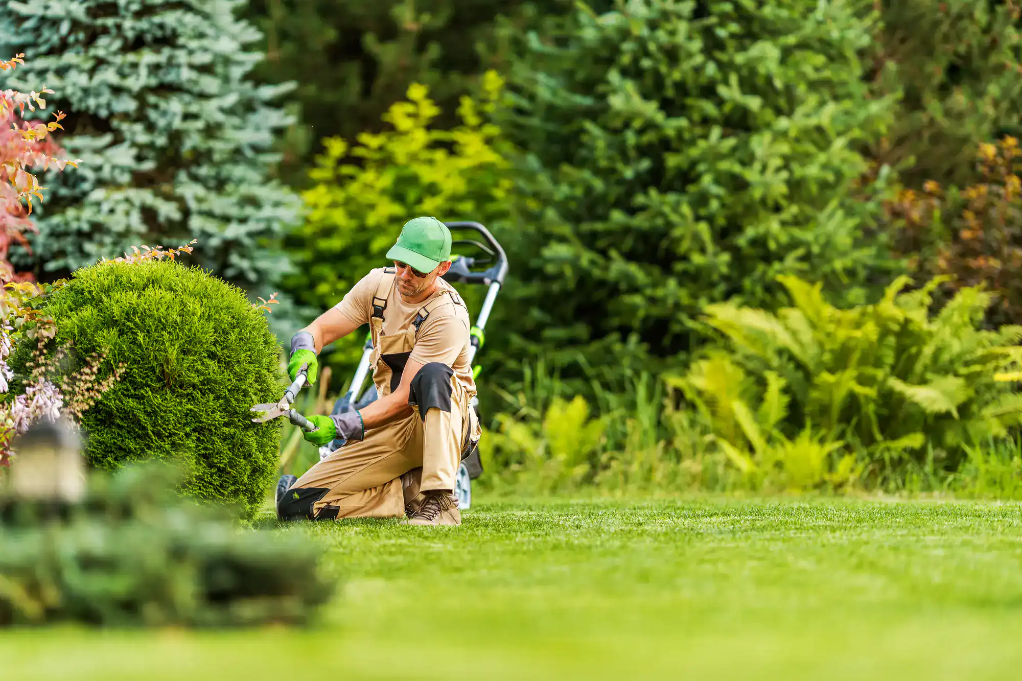 A gardener in tan overalls and a green cap is kneeling on grass, trimming a round bush with shears. A lawn mower sits nearby. Lush green trees and plants fill the background, typical of landscapes restored by an Excavation Contractor in Suffolk County, NY.