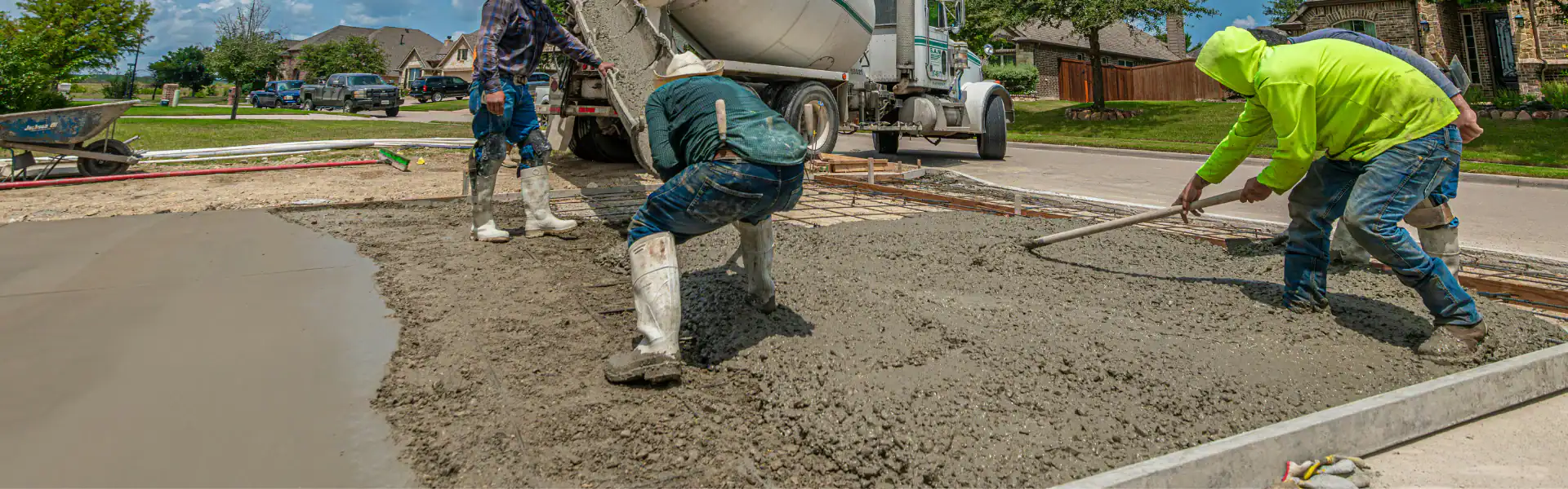 Three construction workers in safety gear, hired by an Excavation Contractor in Suffolk County, NY, spread and smooth wet concrete from a truck onto a driveway in a residential neighborhood on a sunny day.