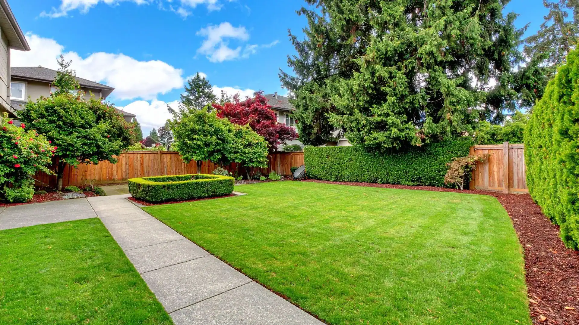 A well-maintained backyard with a green lawn, a concrete walkway, neatly trimmed hedges, shrubs, and tall trees along a wooden fence—expertly landscaped by an experienced excavation contractor in Suffolk County, NY—under a blue sky with clouds.