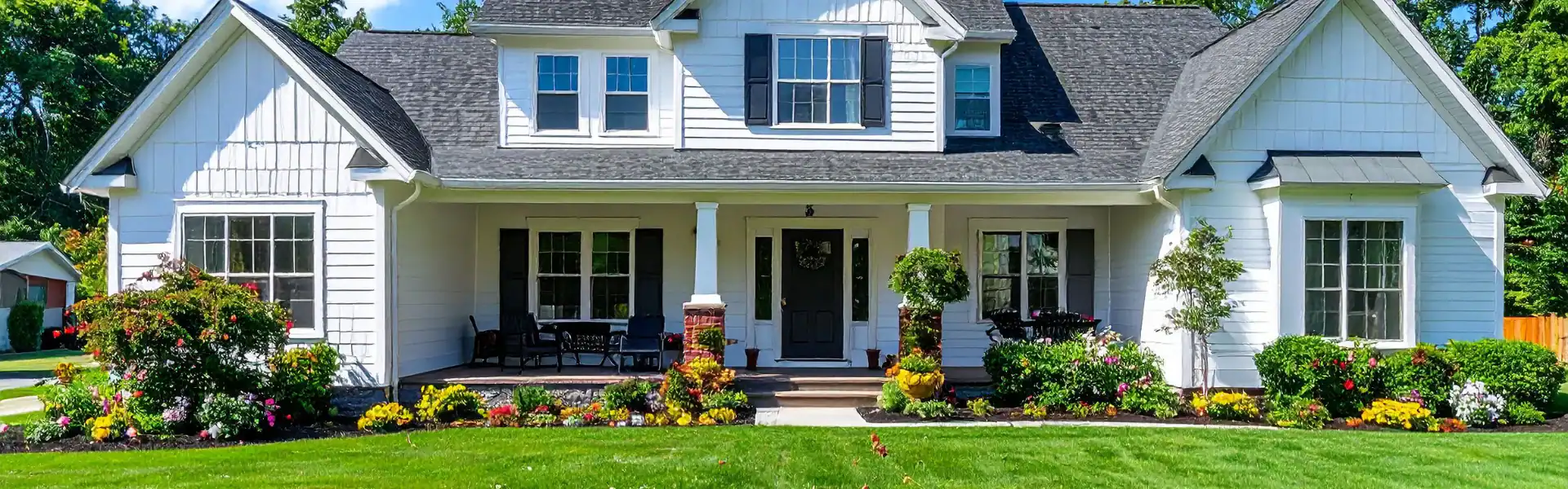 A white two-story house in NY with a covered front porch, black shutters, and a well-maintained garden—expertly landscaped by an Excavation Contractor Suffolk County—showcases colorful flowers and a lush green lawn on a sunny day.