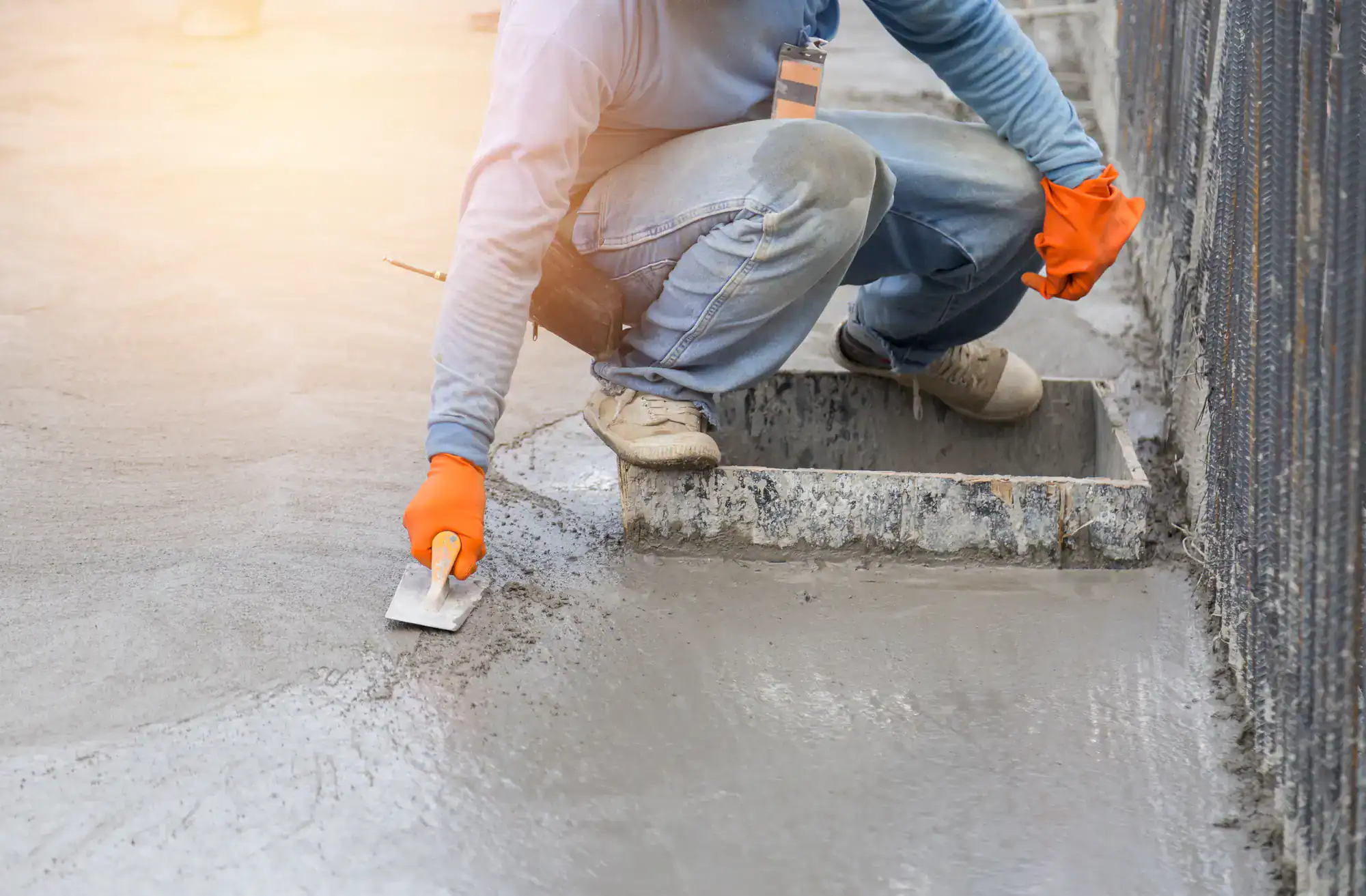 A construction worker with orange gloves, employed by an Excavation Contractor Suffolk County, smooths wet concrete with a hand trowel while crouching next to a metal formwork in NY.